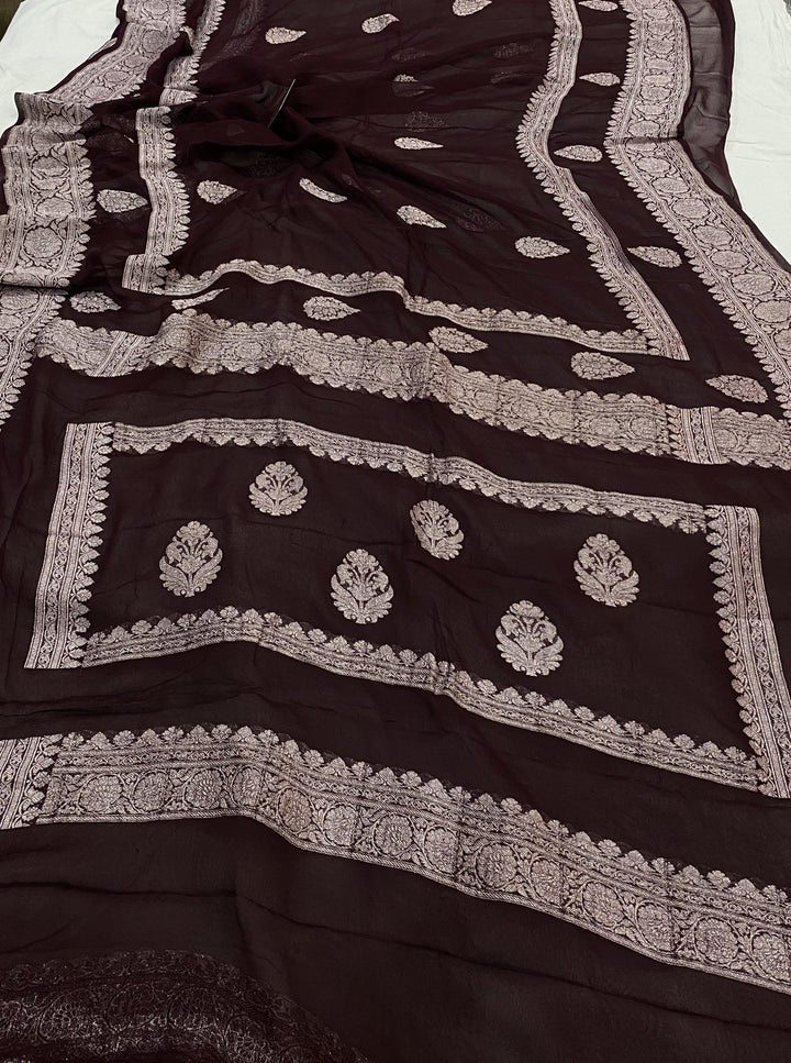Brown Buta Banarasi Khaddi Chiffon Georgette Saree - Aura Benaras