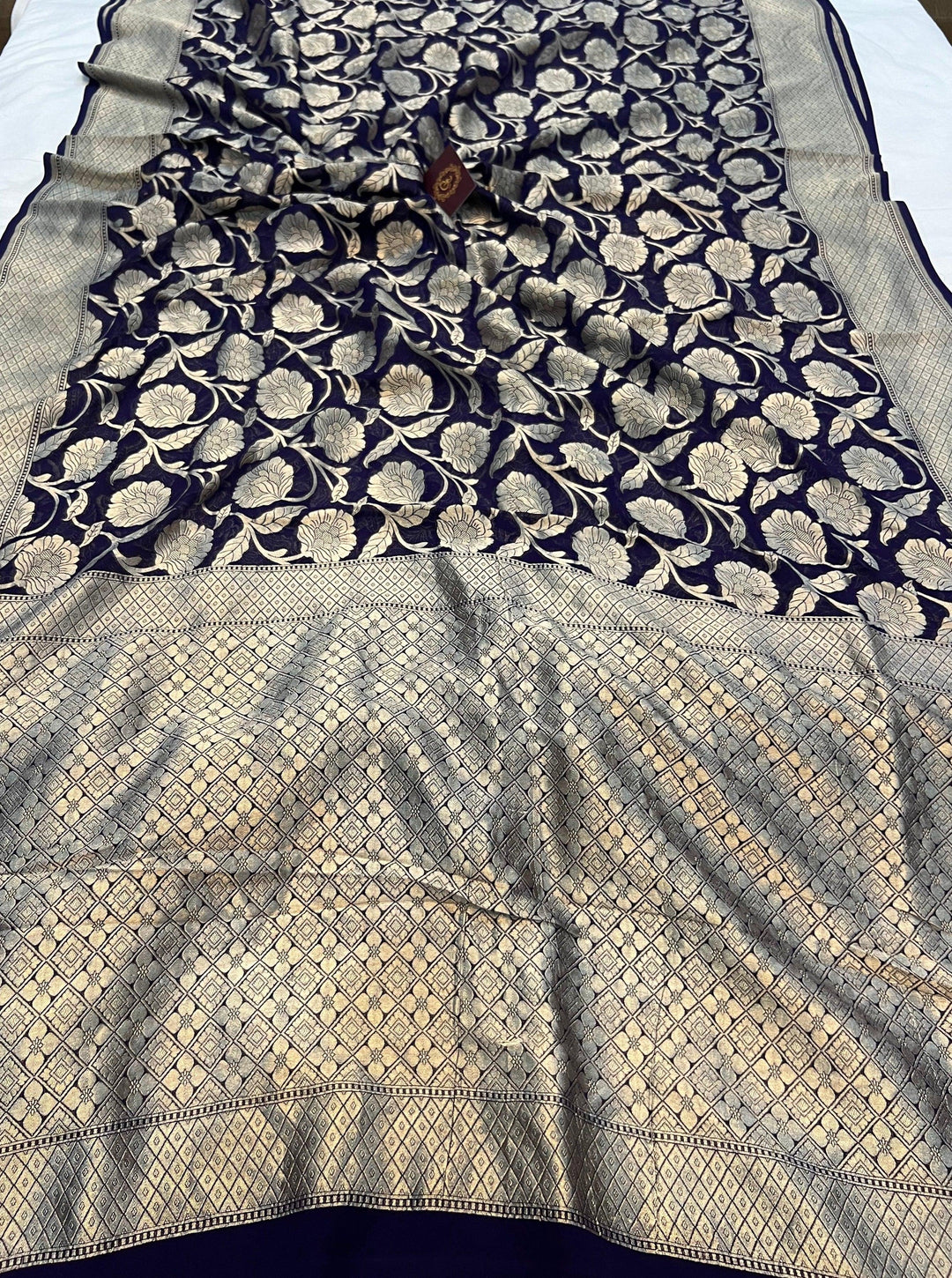 Navy Blue Pure Banarasi Handloom Khaddi Georgette Saree - Aura Benaras