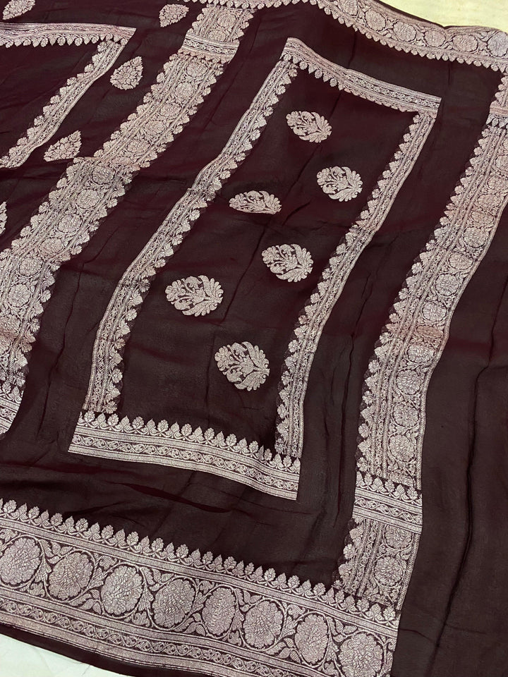 Brown Buta Banarasi Khaddi Chiffon Georgette Saree - Aura Benaras