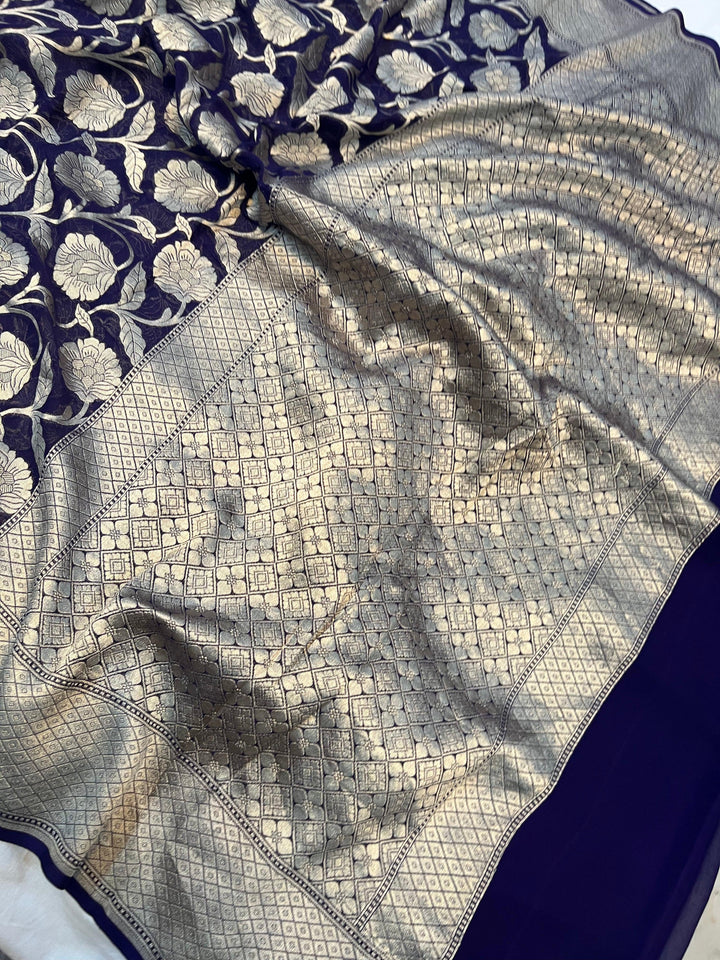 Navy Blue Pure Banarasi Handloom Khaddi Georgette Saree - Aura Benaras