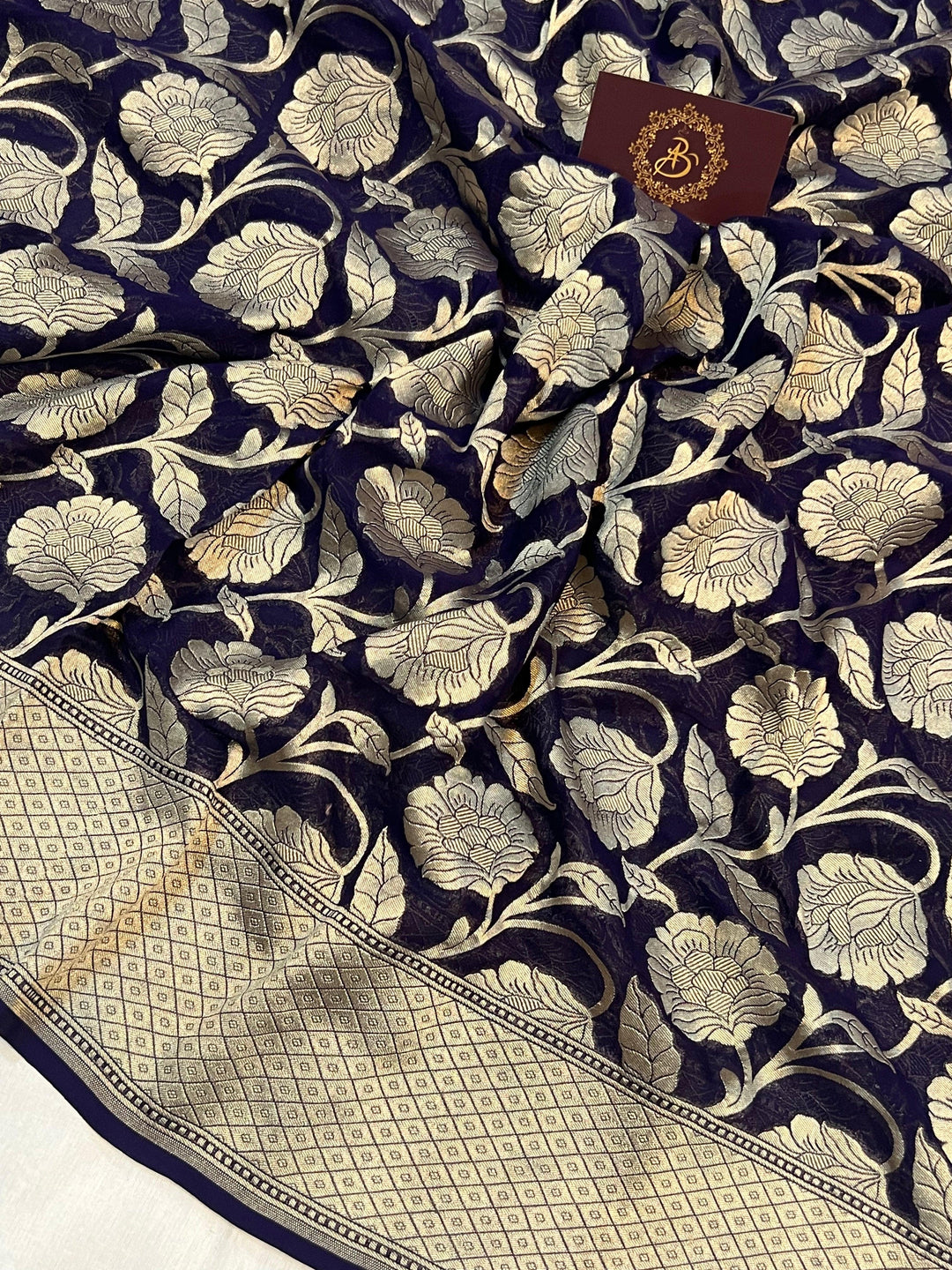 Navy Blue Pure Banarasi Handloom Khaddi Georgette Saree - Aura Benaras