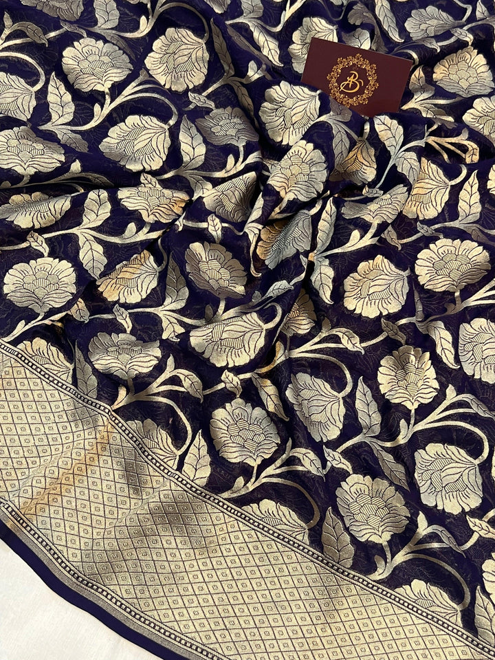 Navy Blue Pure Banarasi Handloom Khaddi Georgette Saree - Aura Benaras