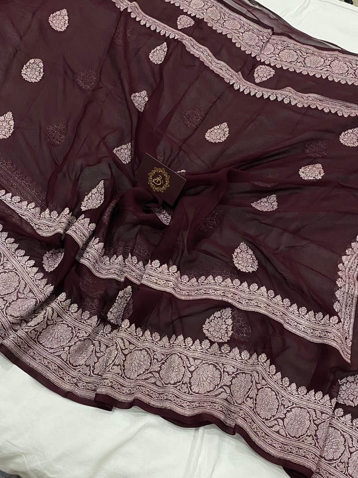 Brown Buta Banarasi Khaddi Chiffon Georgette Saree - Aura Benaras