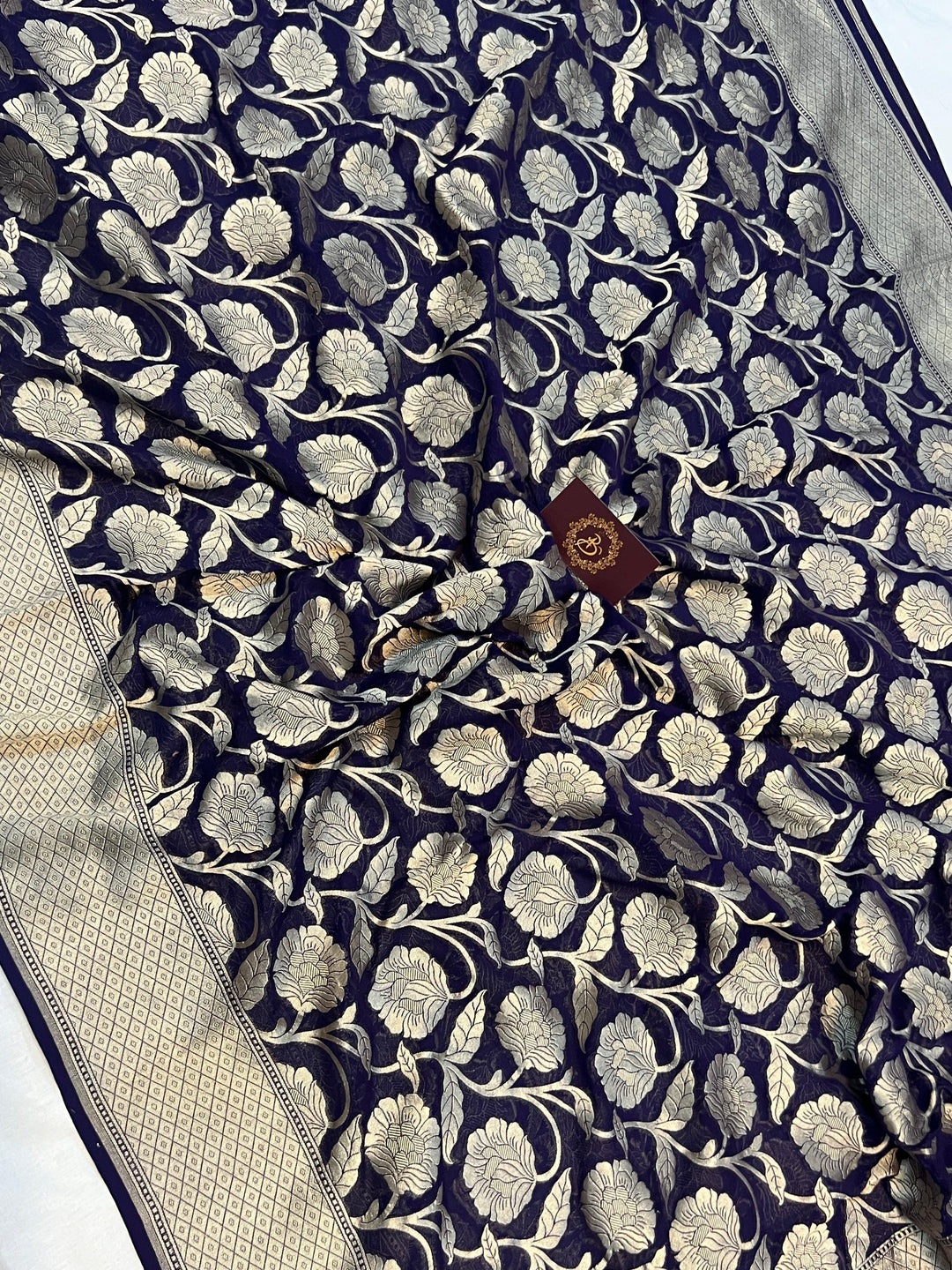 Navy Blue Pure Banarasi Handloom Khaddi Georgette Saree - Aura Benaras