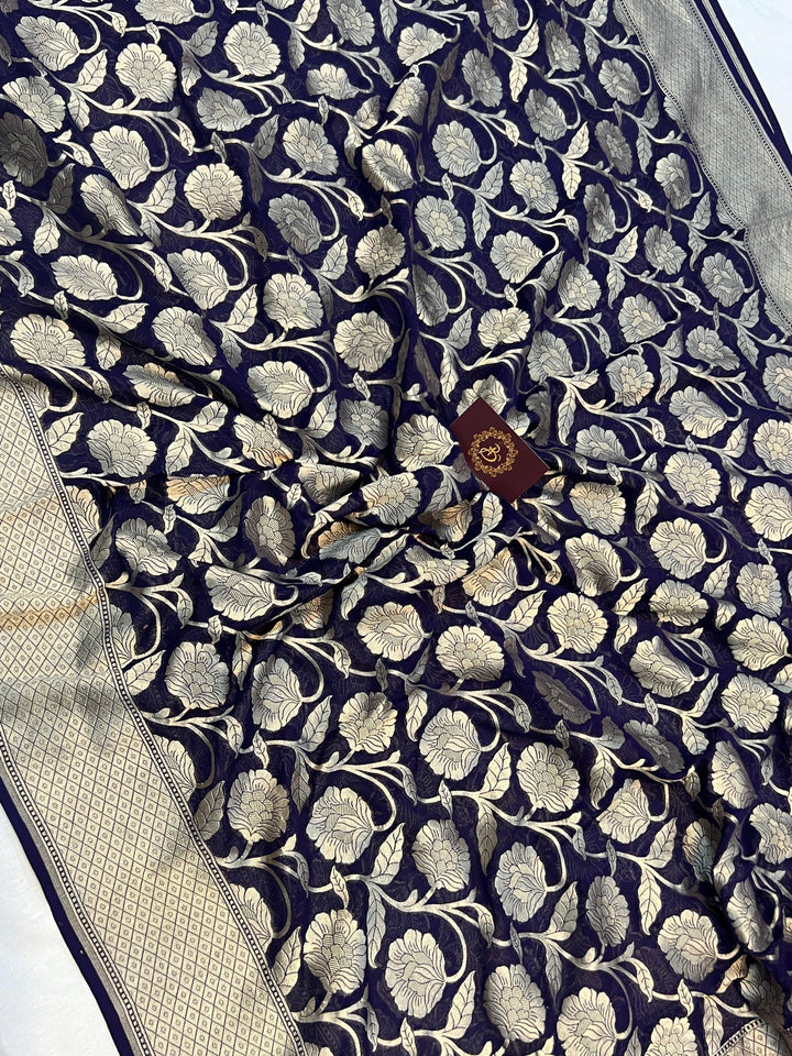Navy Blue Pure Banarasi Handloom Khaddi Georgette Saree - Aura Benaras