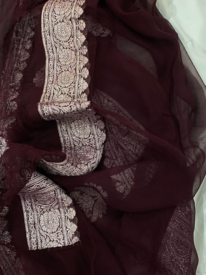 Brown Buta Banarasi Khaddi Chiffon Georgette Saree - Aura Benaras