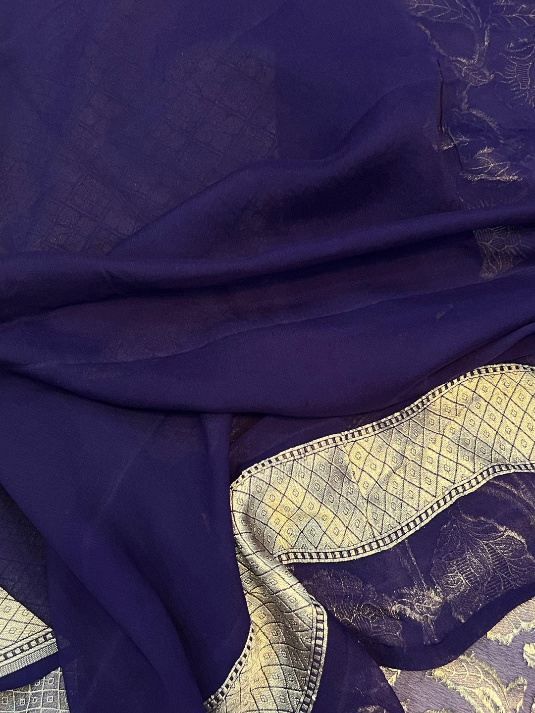 Navy Blue Pure Banarasi Handloom Khaddi Georgette Saree - Aura Benaras