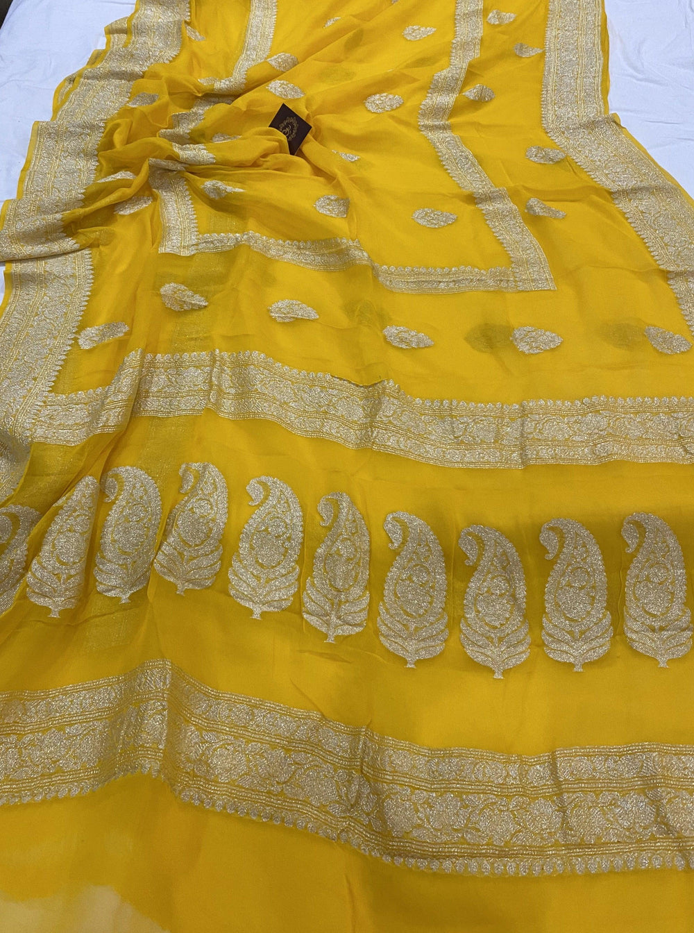YELLOW BANARASI HANDLOOM PURE KHADDI CHIFFON GEORGETTE SAREE - AURA BENARAS