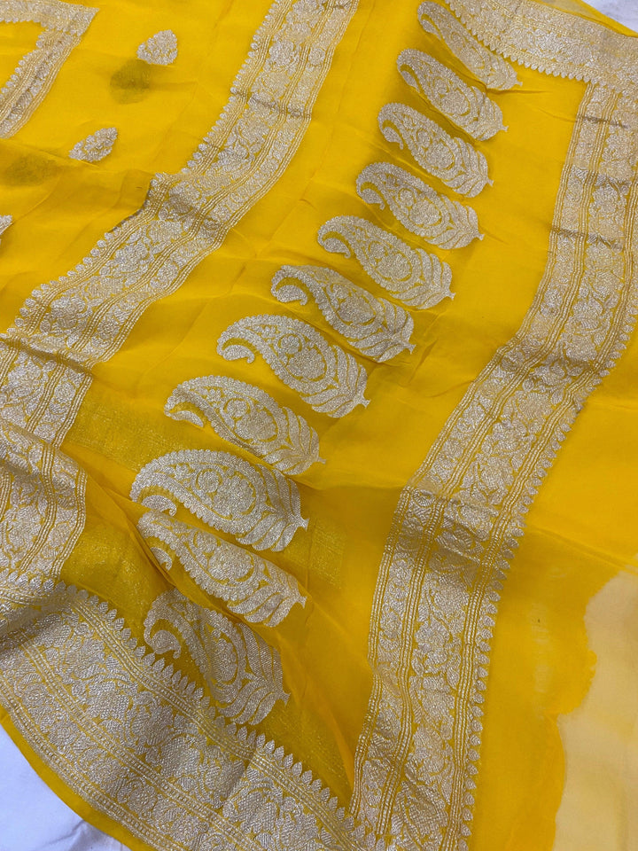 YELLOW BANARASI HANDLOOM PURE KHADDI CHIFFON GEORGETTE SAREE - AURA BENARAS