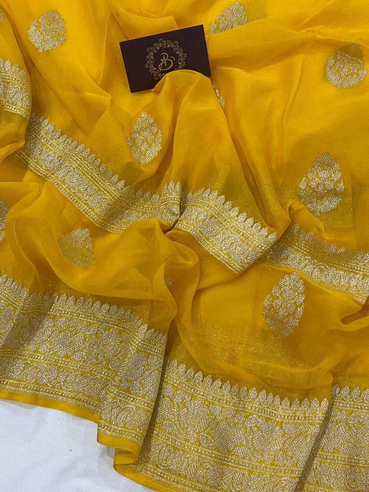 YELLOW BANARASI HANDLOOM PURE KHADDI CHIFFON GEORGETTE SAREE - AURA BENARAS