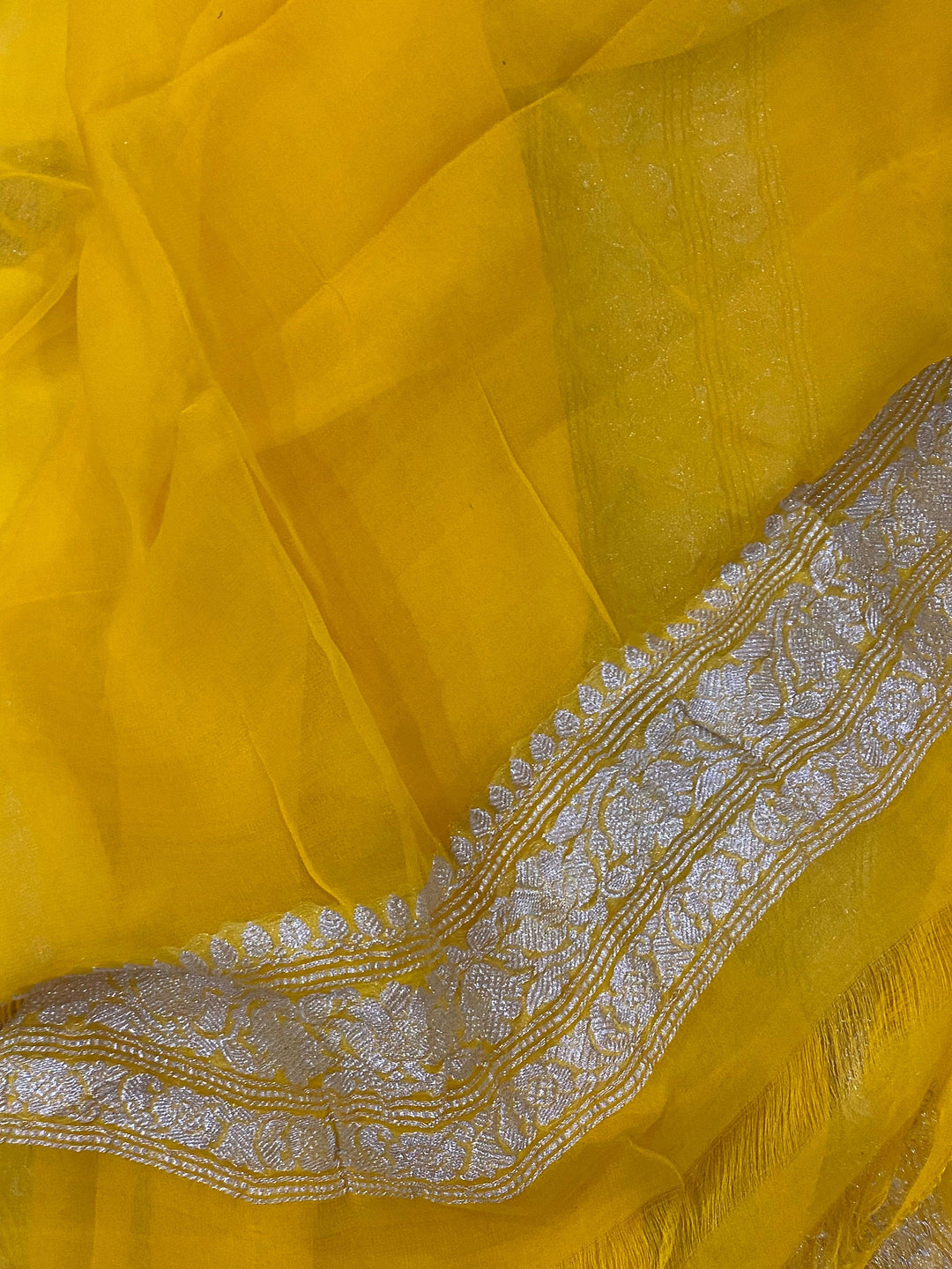 YELLOW BANARASI HANDLOOM PURE KHADDI CHIFFON GEORGETTE SAREE - AURA BENARAS