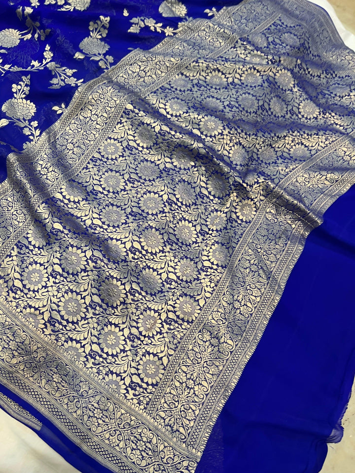Royal Blue Pure Banarasi Handloom Khaddi Georgette Saree - Aura Benaras