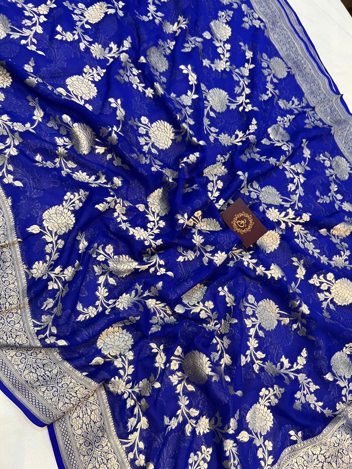 Royal Blue Pure Banarasi Handloom Khaddi Georgette Saree - Aura Benaras