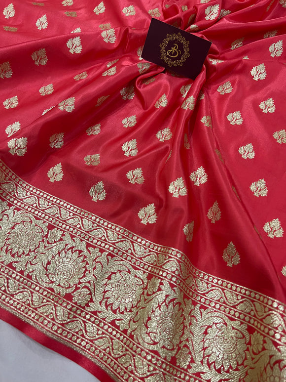 Strawberry Pink Banarasi Handloom Soft Silk Saree - Aura Benaras