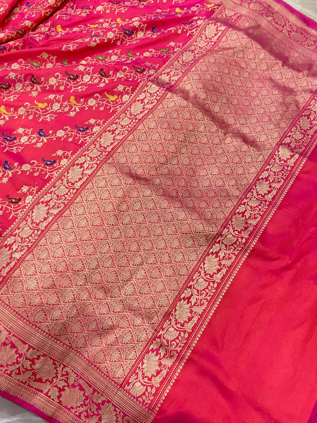 Orangish Pink Jaal Pure Banarasi Handlloom Katan Silk Saree - Aura Benaras