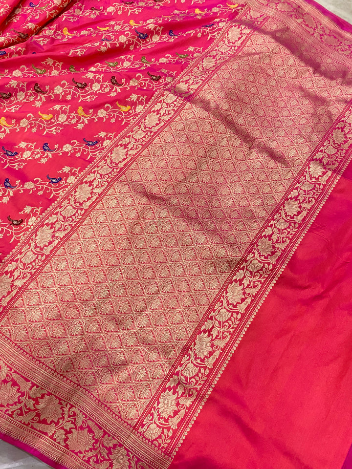 Orangish Pink Jaal Pure Banarasi Handlloom Katan Silk Saree - Aura Benaras