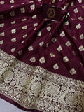 Deep Maroon Banarasi Handloom Soft Silk Saree - Aura Benaras