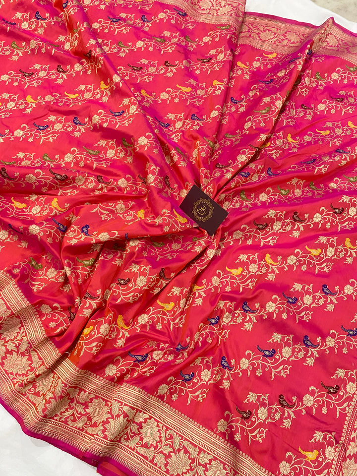 Orangish Pink Jaal Pure Banarasi Handlloom Katan Silk Saree - Aura Benaras