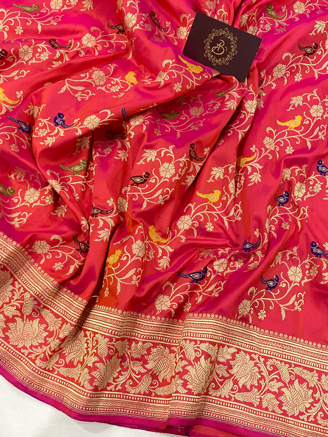 Orangish Pink Jaal Pure Banarasi Handlloom Katan Silk Saree - Aura Benaras