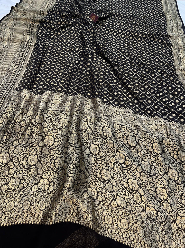 Black Banarasi Handloom Pure Khaddi Georgette Saree - Aura Benaras