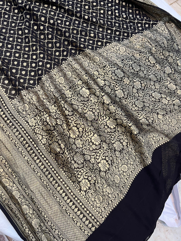 Black Banarasi Handloom Pure Khaddi Georgette Saree - Aura Benaras