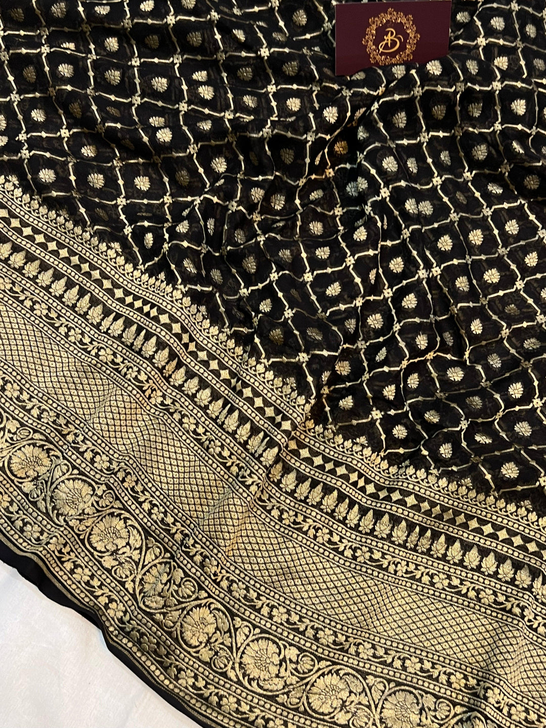 Black Banarasi Handloom Pure Khaddi Georgette Saree - Aura Benaras