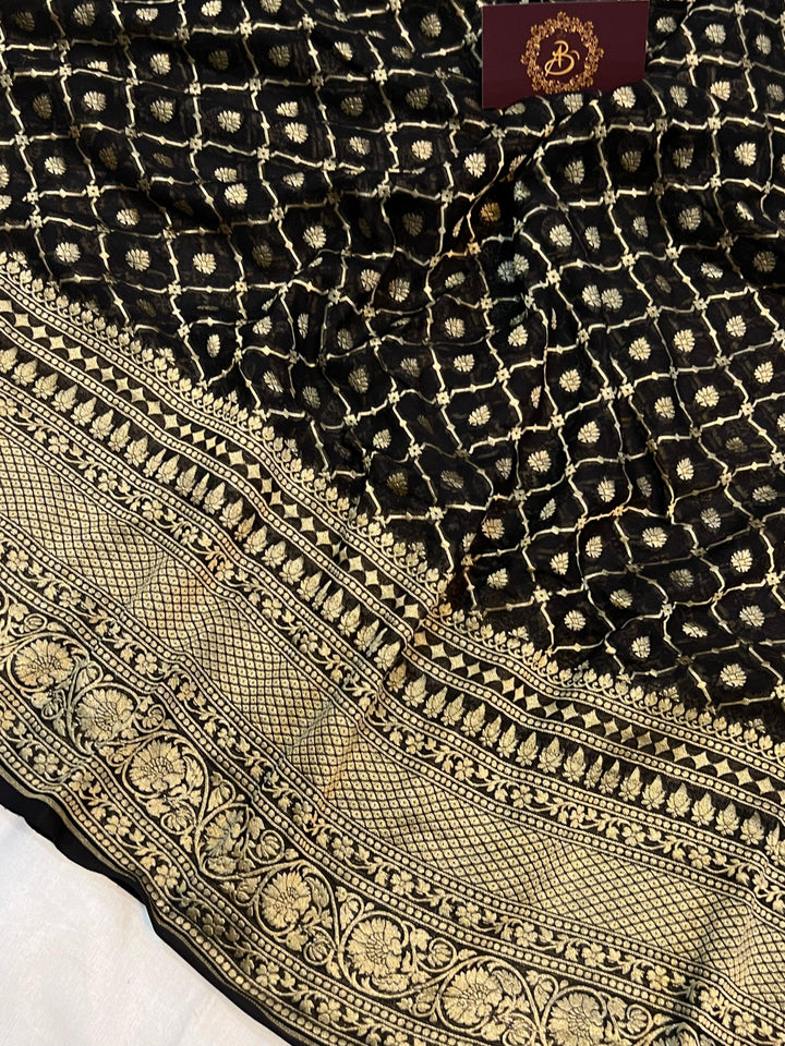 Black Banarasi Handloom Pure Khaddi Georgette Saree - Aura Benaras
