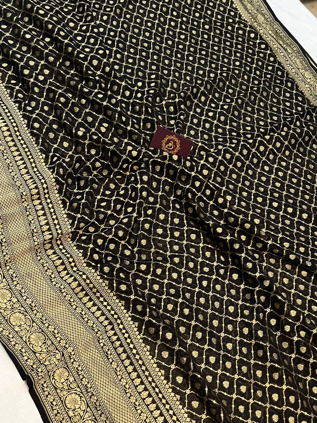 Black Banarasi Handloom Pure Khaddi Georgette Saree - Aura Benaras
