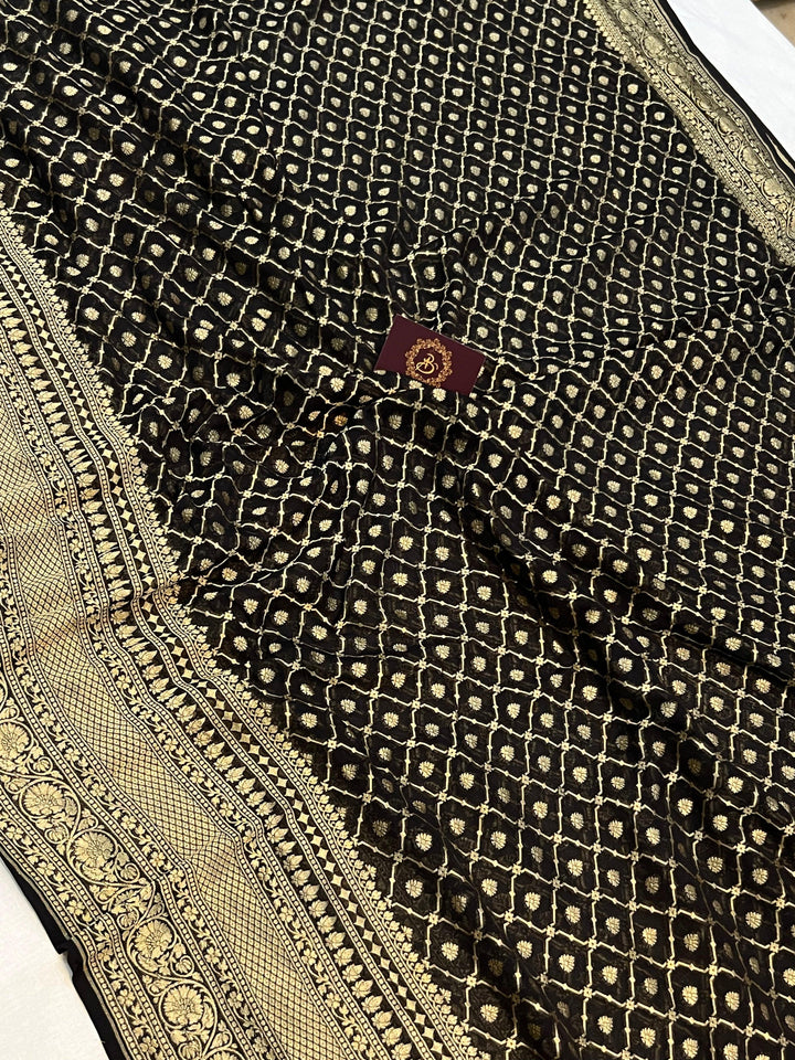 Black Banarasi Handloom Pure Khaddi Georgette Saree - Aura Benaras