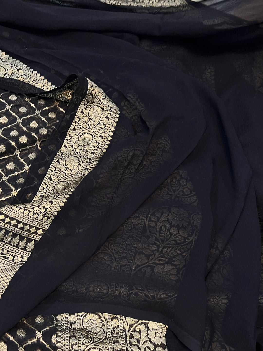 Black Banarasi Handloom Pure Khaddi Georgette Saree - Aura Benaras