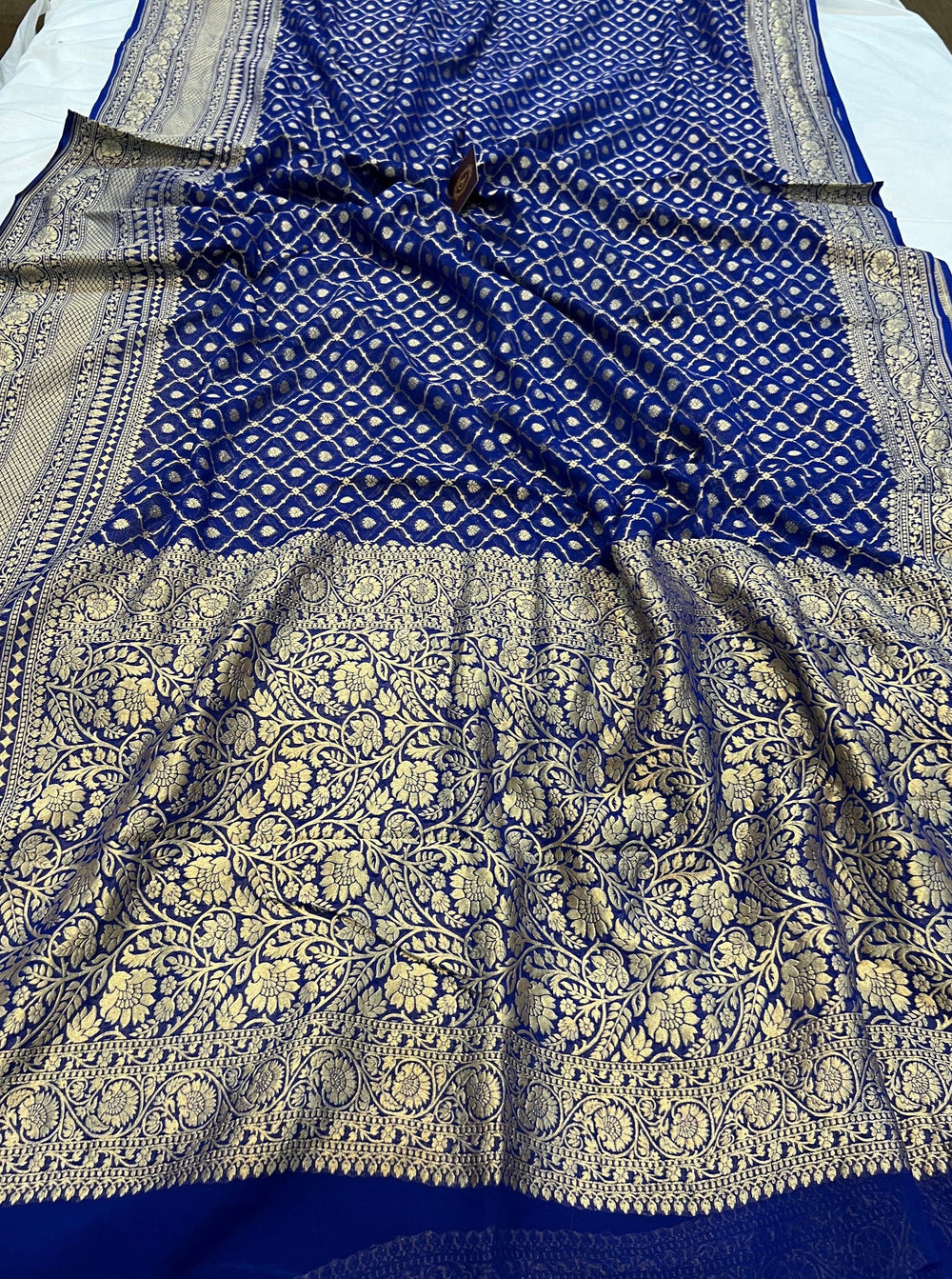 Royal Blue Banarasi Handloom Pure Khaddi Georgette Saree - Aura Benaras