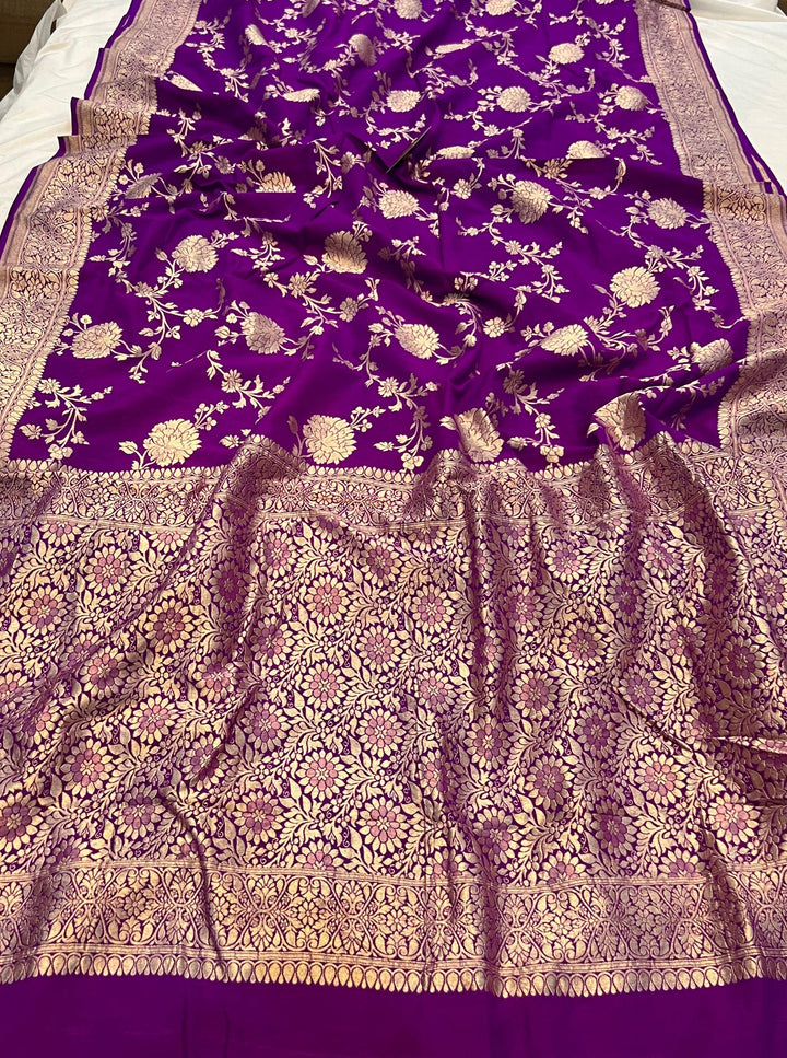 Purple Banarasi Handloom Pure Moonga Georgette Saree - Aura Benaras
