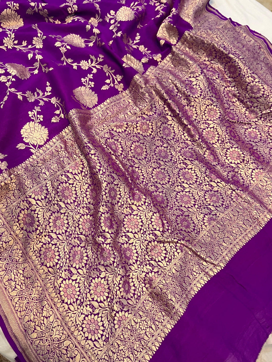 Purple Banarasi Handloom Pure Moonga Georgette Saree - Aura Benaras