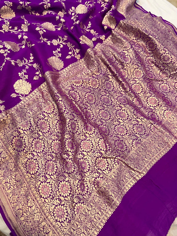 Purple Banarasi Handloom Pure Moonga Georgette Saree - Aura Benaras