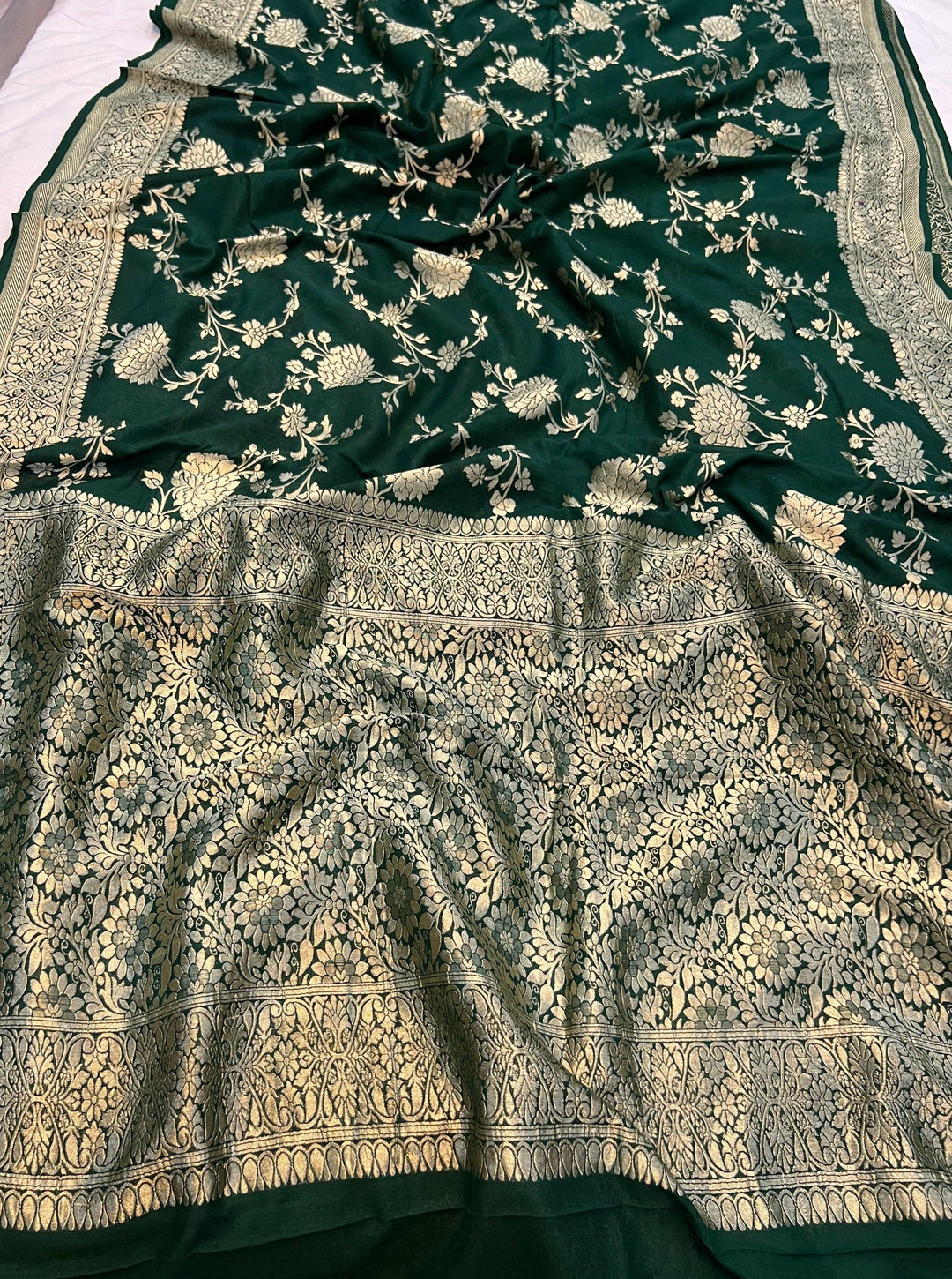 Bottle Green Banarasi Handloom Pure Moonga Georgette Saree - Aura Benaras