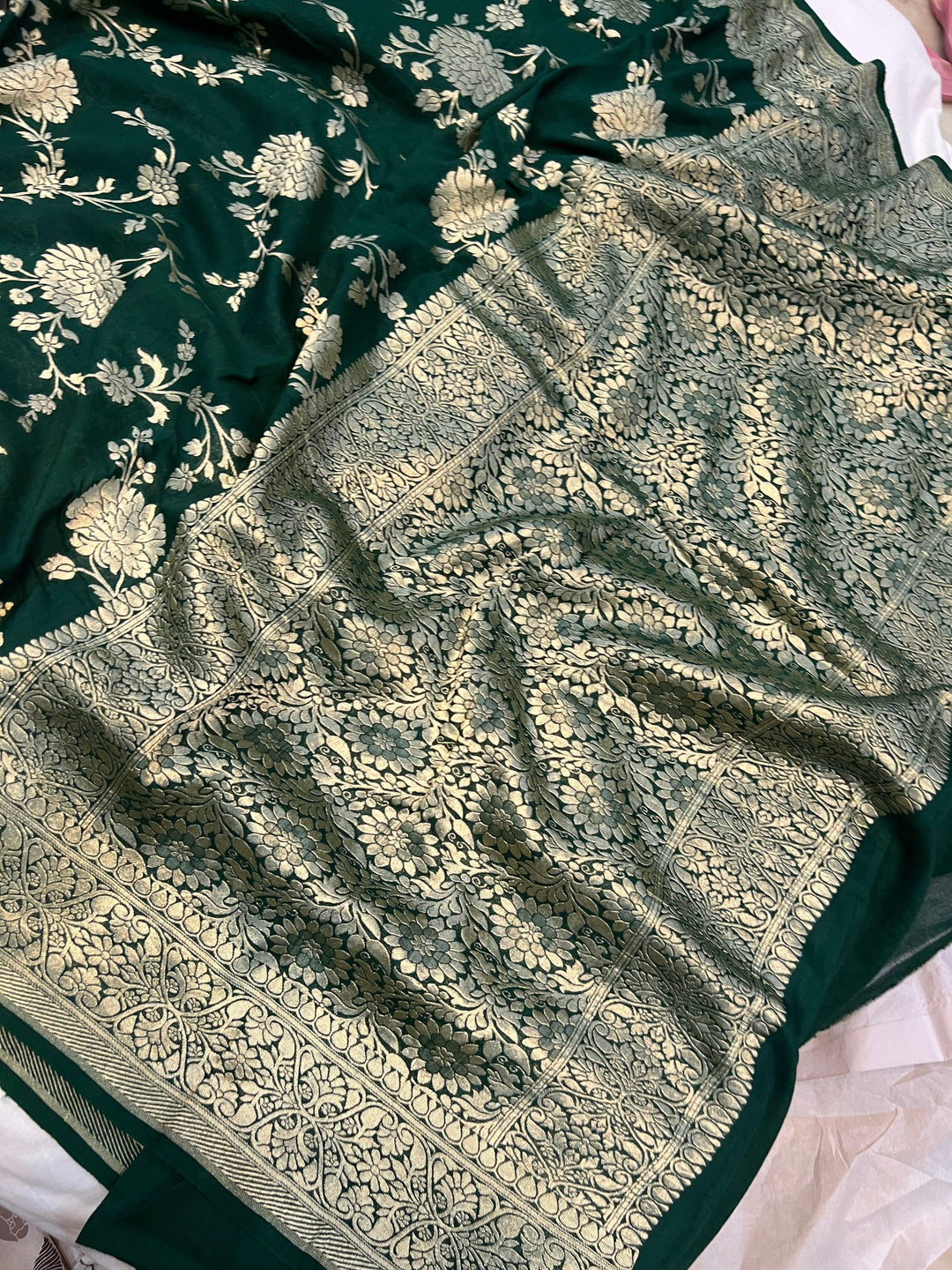 Bottle Green Banarasi Handloom Pure Moonga Georgette Saree - Aura Benaras