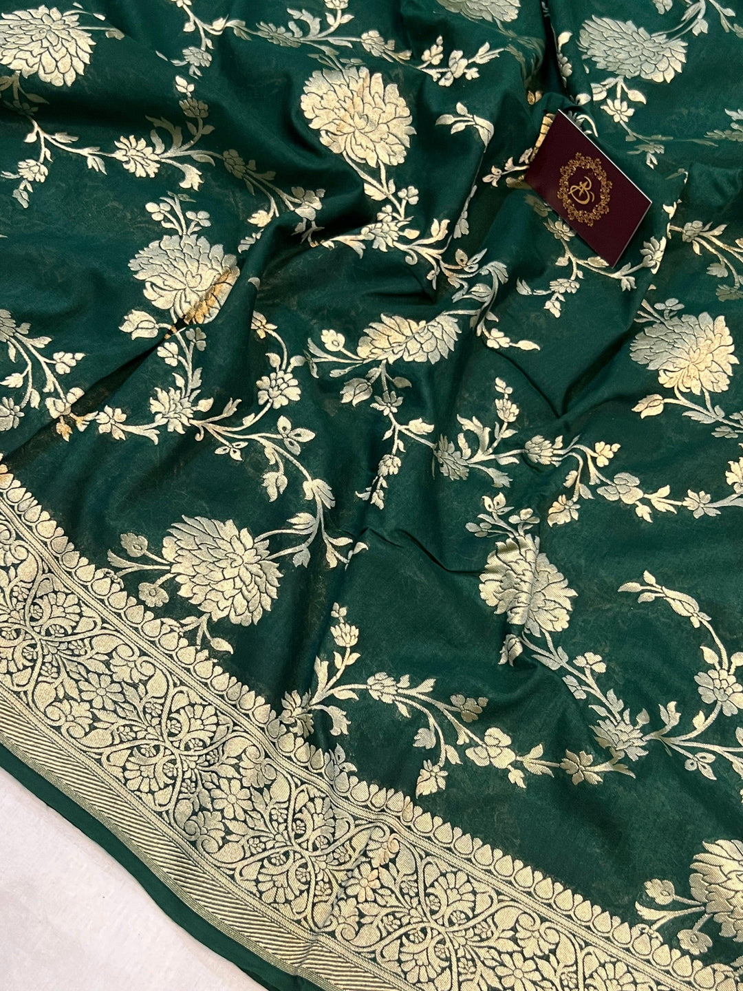 Bottle Green Banarasi Handloom Pure Moonga Georgette Saree - Aura Benaras