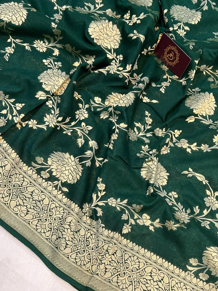 Bottle Green Banarasi Handloom Pure Moonga Georgette Saree - Aura Benaras