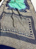 Aqua Green-Navy Blue Shaded Banarasi Handloom Pure Georgette Silk Saree - Aura Benaras