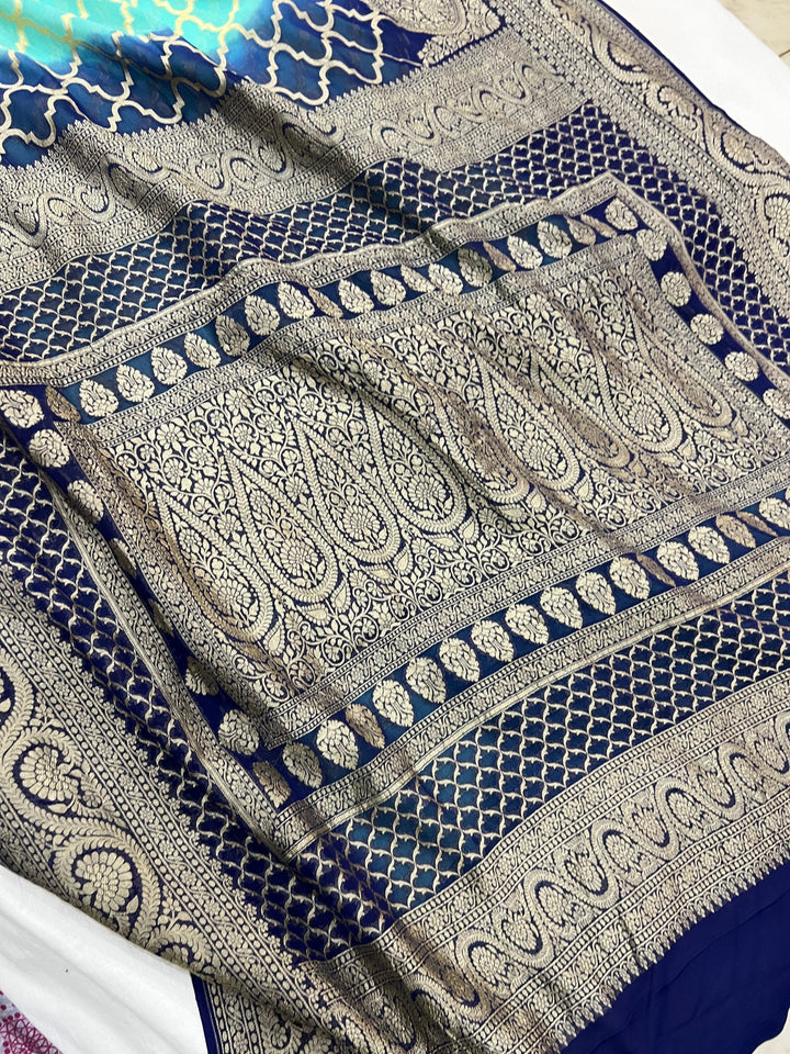 Aqua Green-Navy Blue Shaded Banarasi Handloom Pure Georgette Silk Saree - Aura Benaras