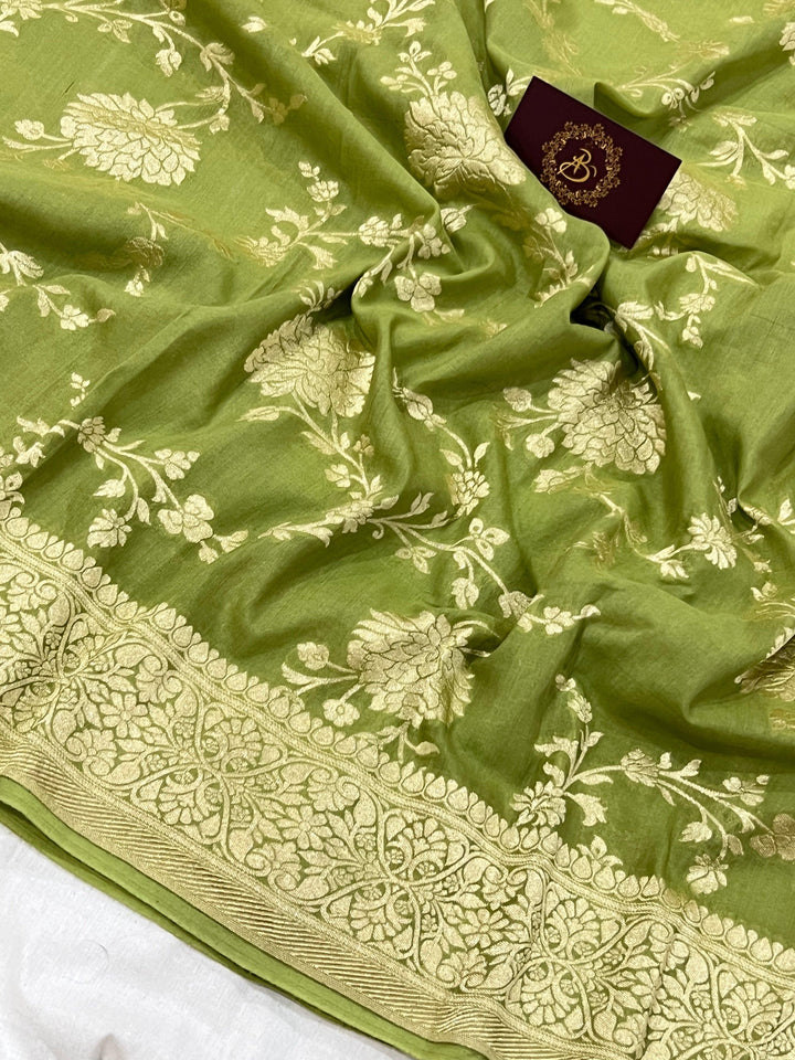 Pista Green Banarasi Handloom Pure Moonga Georgette Saree - Aura Benaras