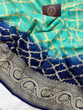 Aqua Green-Navy Blue Shaded Banarasi Handloom Pure Georgette Silk Saree - Aura Benaras