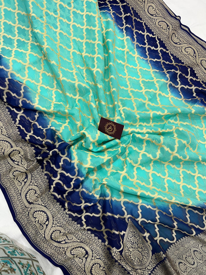 Aqua Green-Navy Blue Shaded Banarasi Handloom Pure Georgette Silk Saree - Aura Benaras