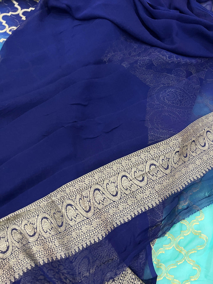 Aqua Green-Navy Blue Shaded Banarasi Handloom Pure Georgette Silk Saree - Aura Benaras