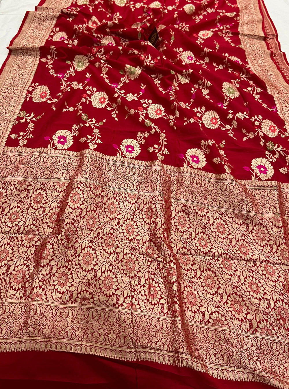 Red Banarasi Handloom Pure Moonga Georgette Saree - Aura Benaras
