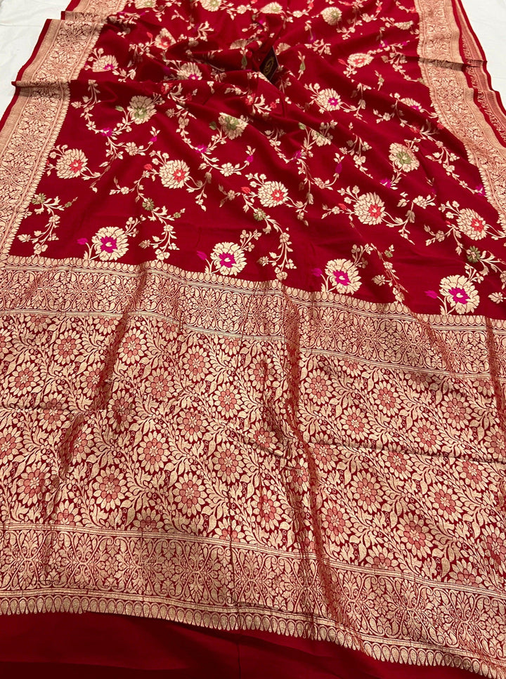 Red Banarasi Handloom Pure Moonga Georgette Saree - Aura Benaras