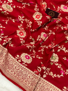 Red Banarasi Handloom Pure Moonga Georgette Saree - Aura Benaras
