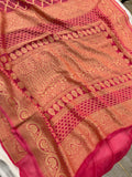 Green-Strawberry Pink Shaded Banarasi Handloom Pure Georgette Silk Saree - Aura Benaras
