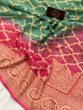 Green-Strawberry Pink Shaded Banarasi Handloom Pure Georgette Silk Saree - Aura Benaras