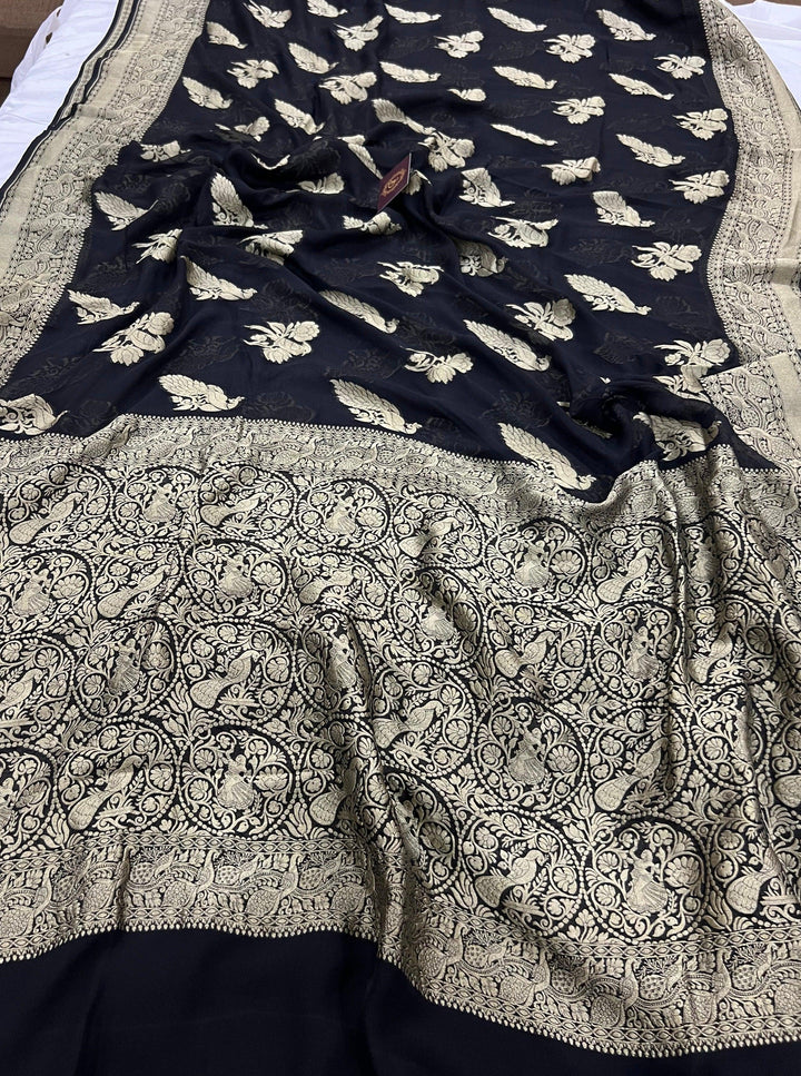 Black Banarasi Khaddi Georgette Saree - Aura Benaras